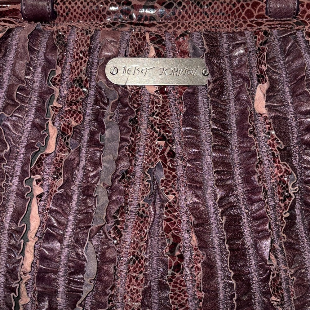 Betsey Johnson Leather Ruffle Structurec Satchel Handbag in Deep Plum - Picture 9 of 13
